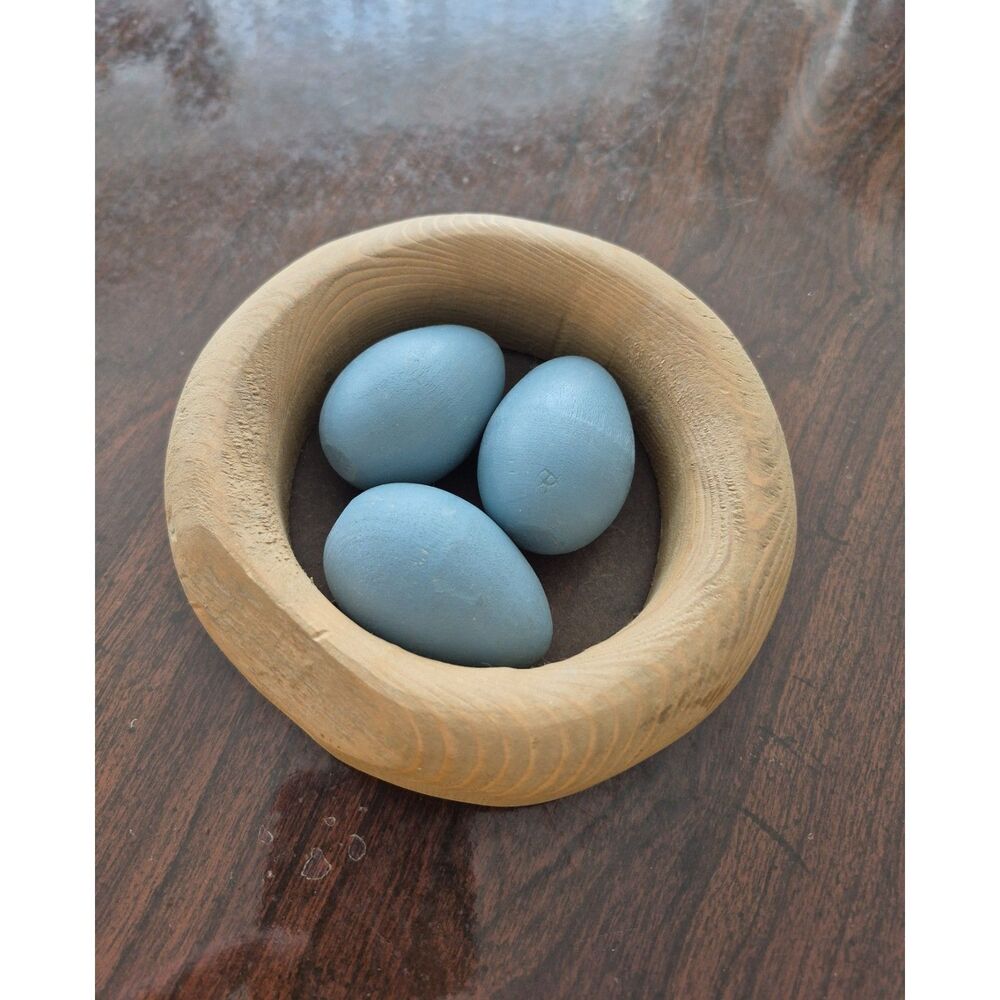 Vintage 1970's Primitive Turned Wood Nesting Bowl & 3 Wooden eggs set